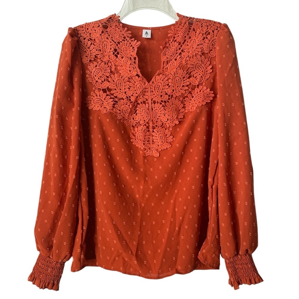 Burnt Orange Lace Details Long Sleeves Lightweight Women's Top Blouse Medium